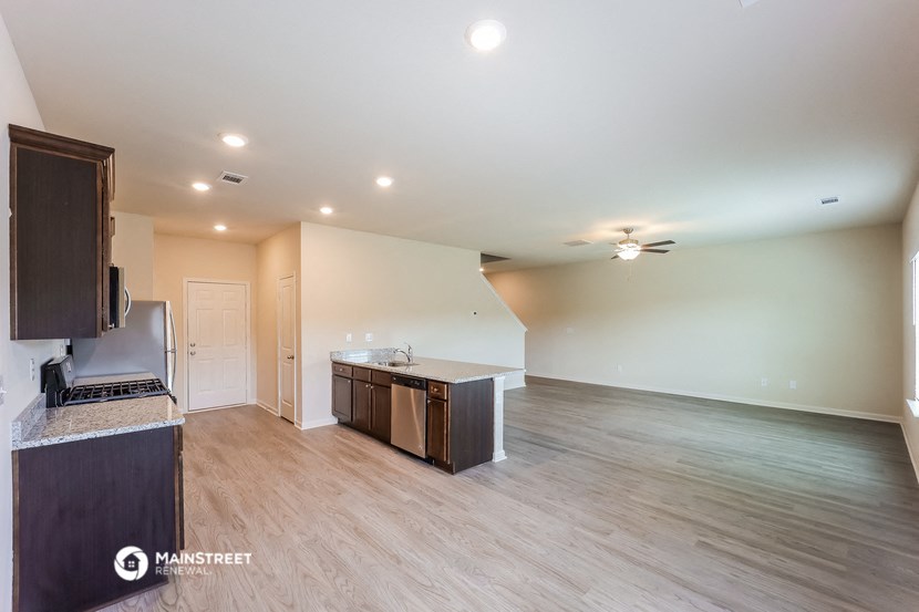 the kitchen and living room of an open floor plan
