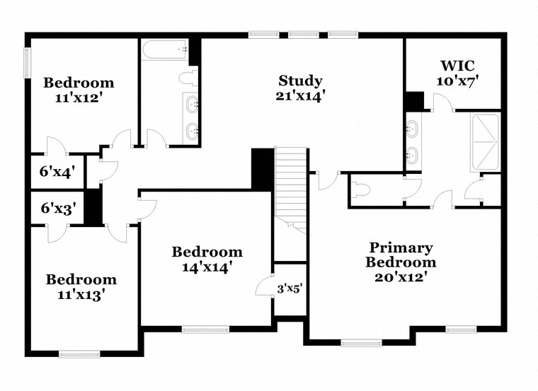 floor plan of a two story house with bedrooms and baths and a staircase