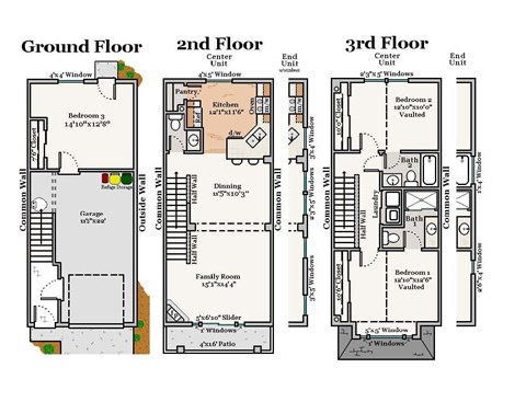 A diagram of a house with three different floor plans.
