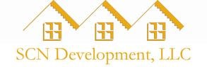The image is a logo for SCN Development, LLC, featuring three houses with the company name beside them.