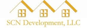 The image is a logo for SCN Development, LLC, featuring three houses with the company name beside them.