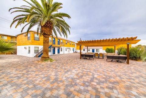 a patio with benches and a palm tree in front of a house