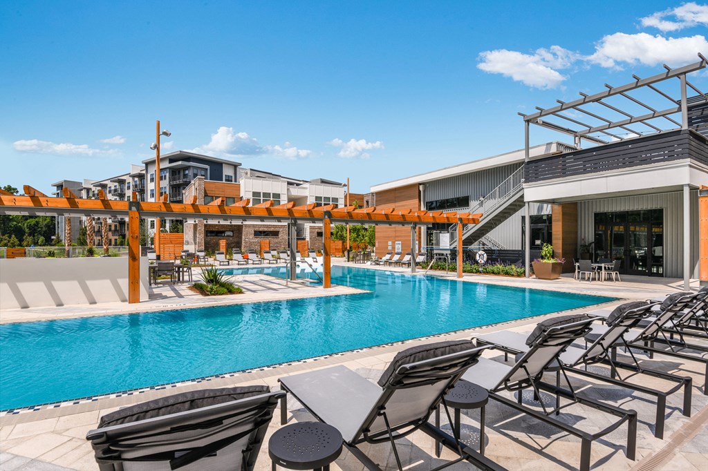 Luxury pool view patio at JTB Apartments, Jacksonville, FL, 32256