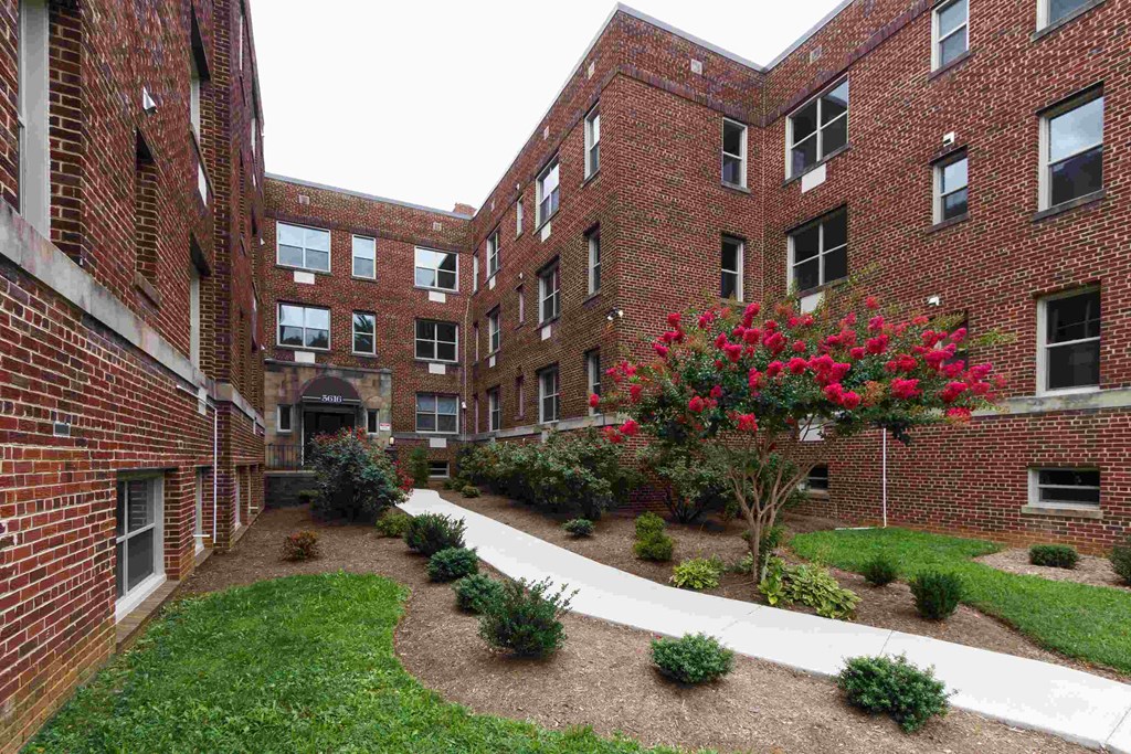 an inner courtyard of an apartment building with grass and flowers