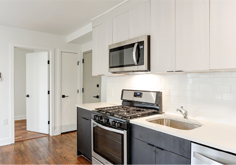 a kitchen with white cabinets and a stove and microwave and a sink