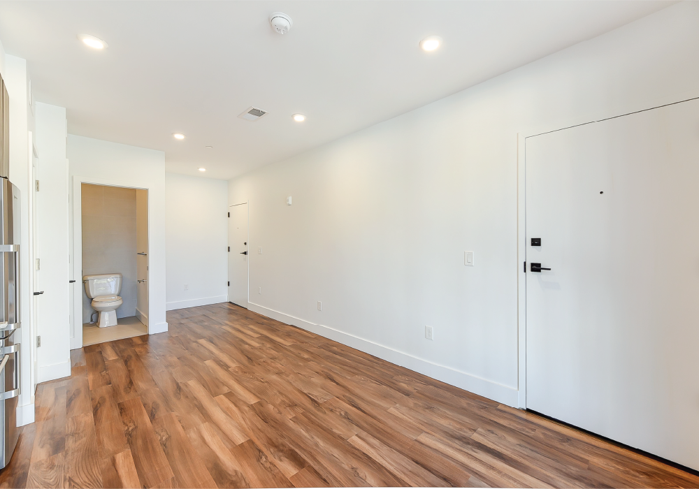a living room with white walls and wooden floors and a toilet