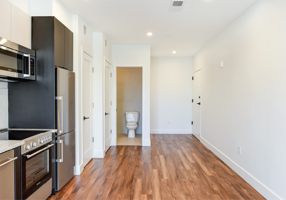 a renovated apartment with a kitchen and a toilet in the hallway