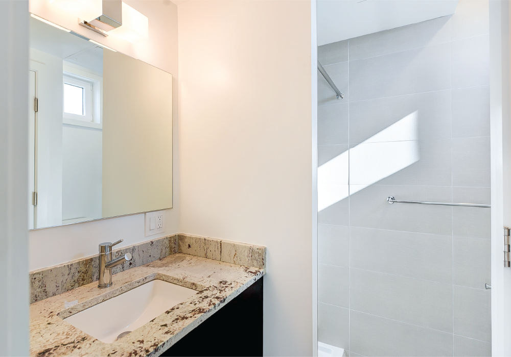 a bathroom with a sink and a shower and a mirror