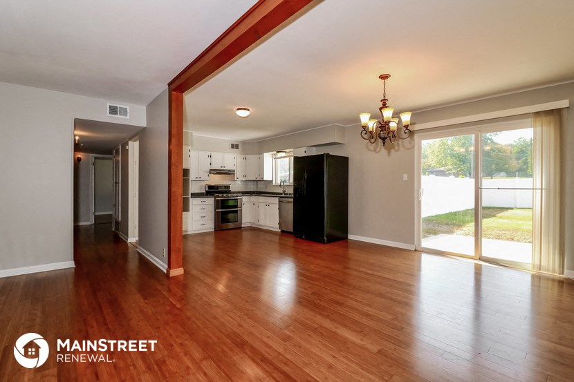 a view of the kitchen and living room from the dining room