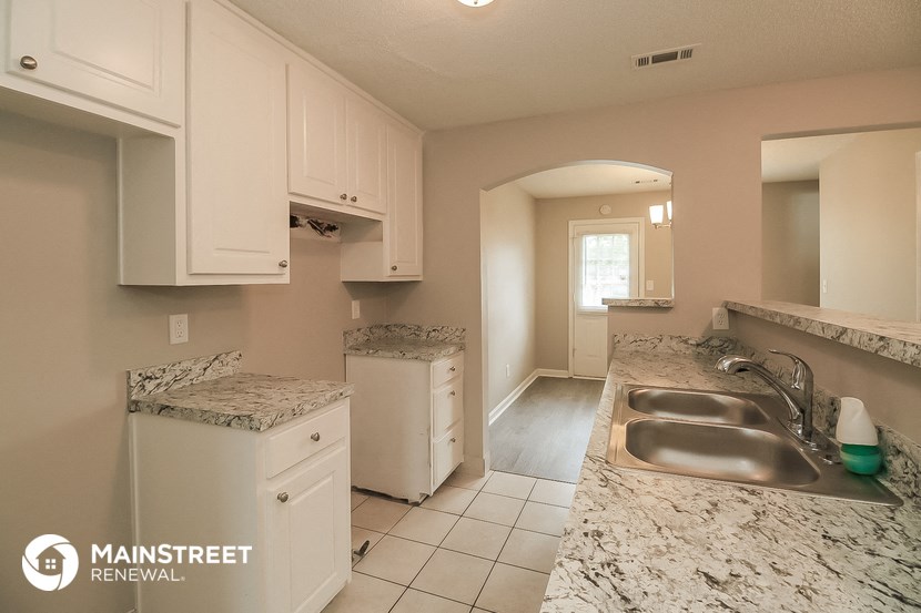 a kitchen with white cabinets and granite counter tops and a sink