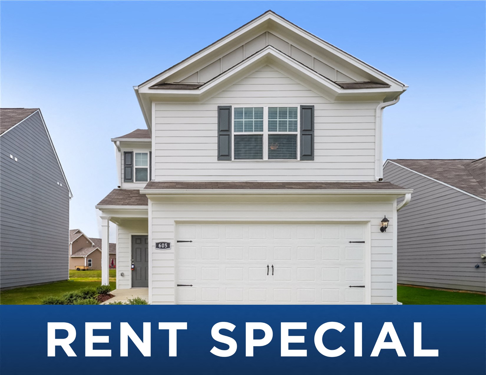 a white house with the words rent special on it