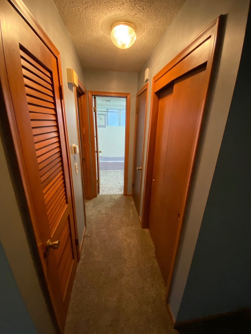 a hallway with wooden doors and a view of the ocean
