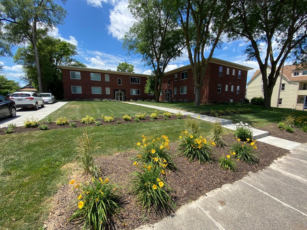 a garden in front of a building with yellow flowers