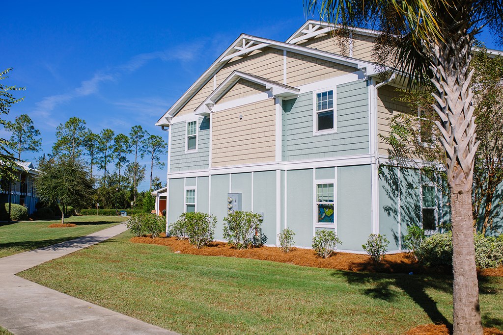 a blue house with a sidewalk and a palm tree