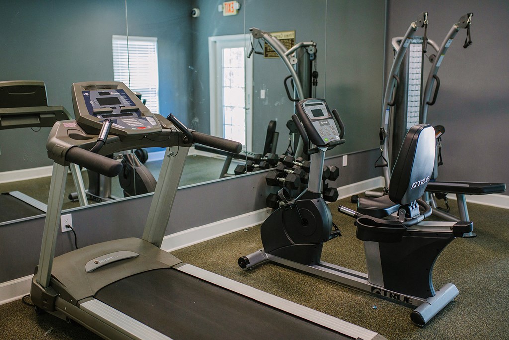 a gym with treadmills and other exercise equipment