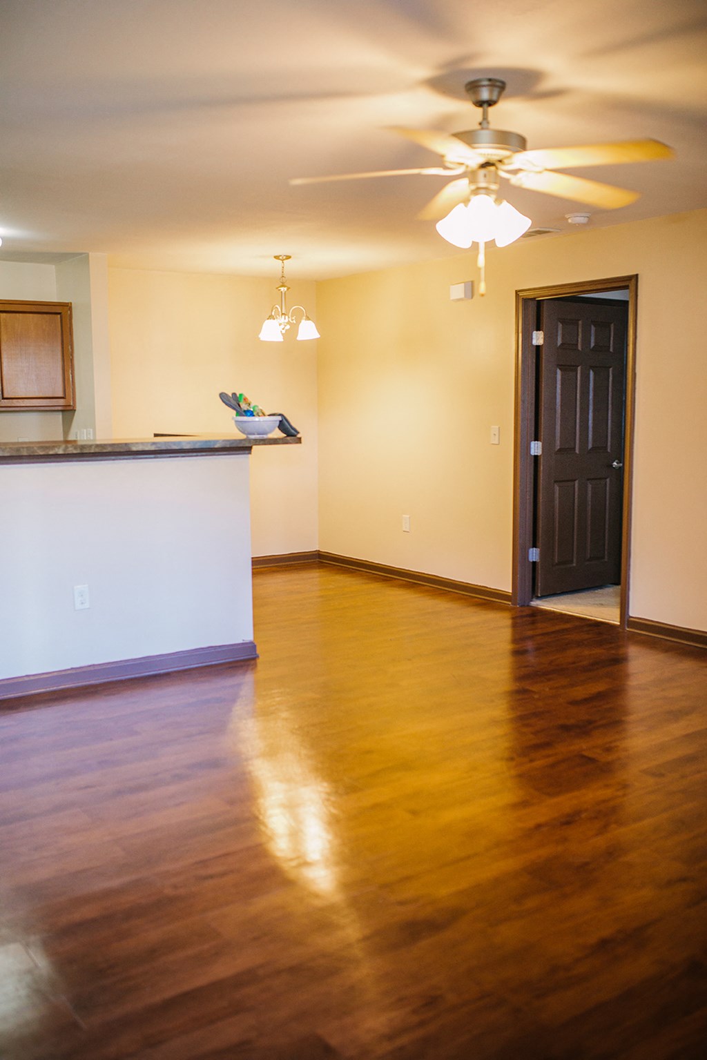 an empty living room with a wood floor and a ceiling fan