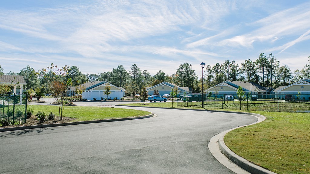an empty street in a neighborhood with houses and trees