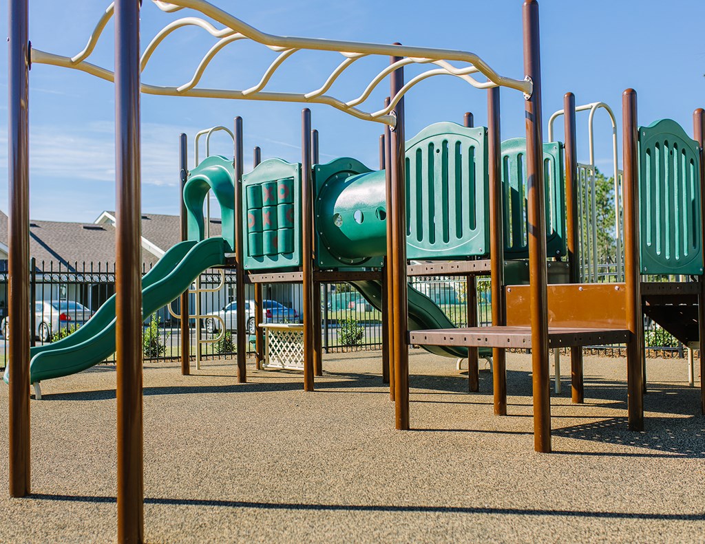 a childrens playground with a slide and monkey bars