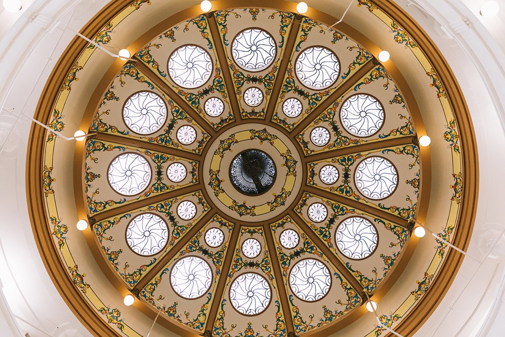 the dome of the ceiling of the building