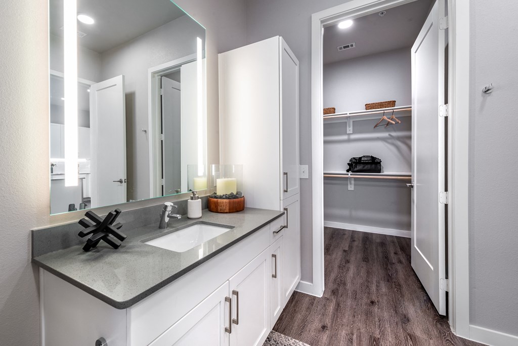a bathroom with a large mirror and a sink