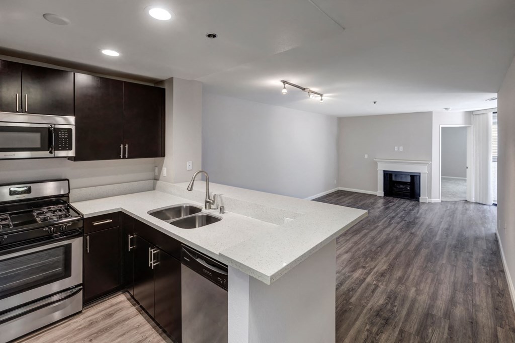 a kitchen with a sink and a stove and a living room