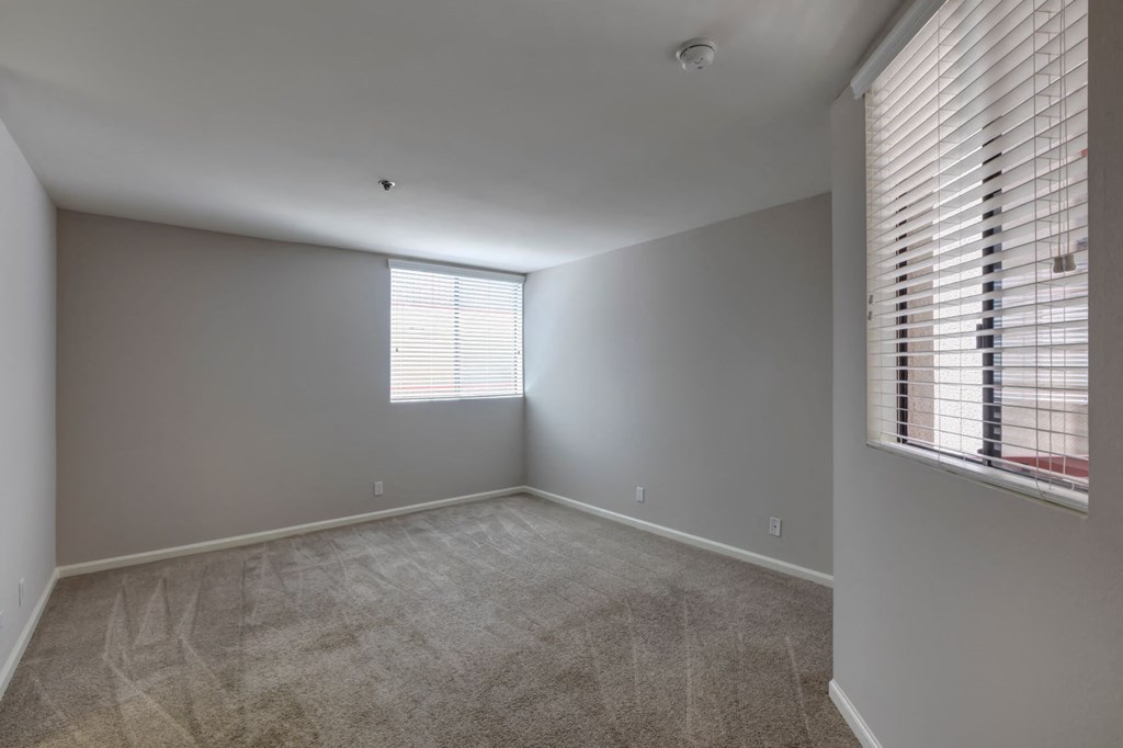 an empty living room with a window and carpet