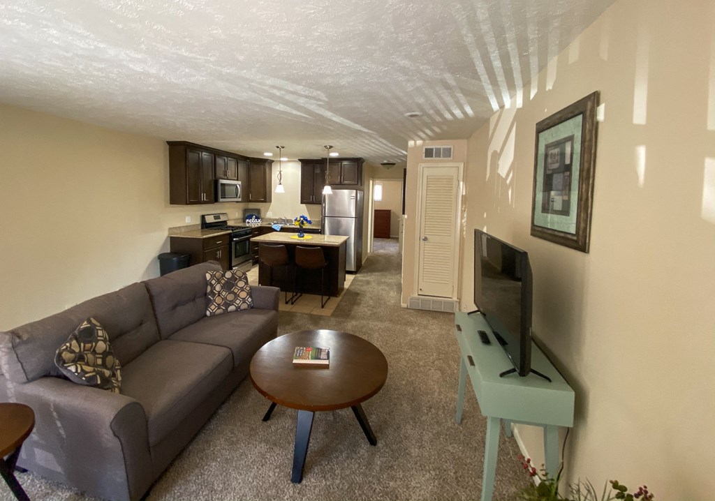 a living room with a couch and a tv and a kitchen