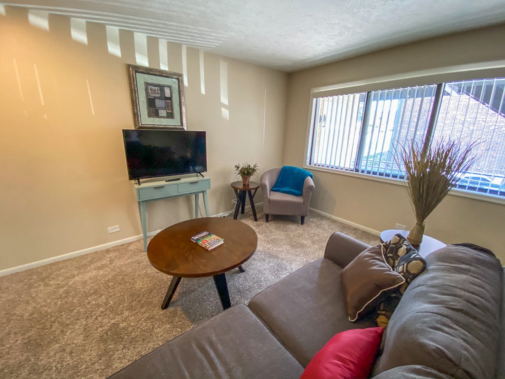 a living room with a couch and a coffee table and a television