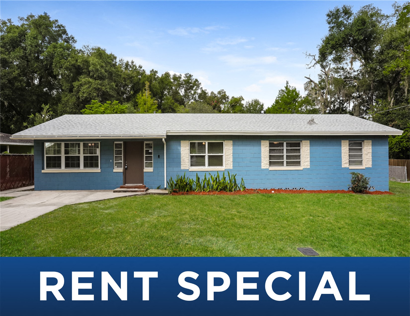 a blue house with the words rent special on it