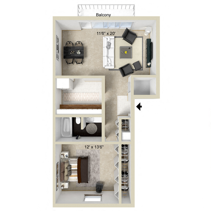 1 bedroom 1 bathroom floor plan at Briarlane Apartments in Grand Rapids, MI