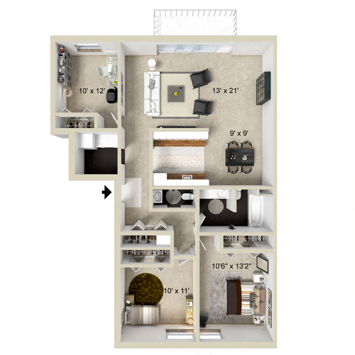 2 bedroom 1.5 bathroom floor plan at Briarlane Apartments in Grand Rapids, MI