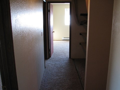 A hallway with a door on the left and a staircase on the right.