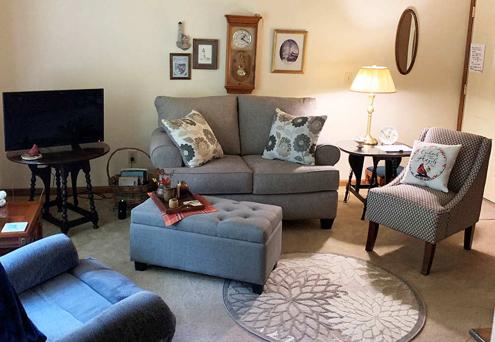 a living room with a couch and a chair