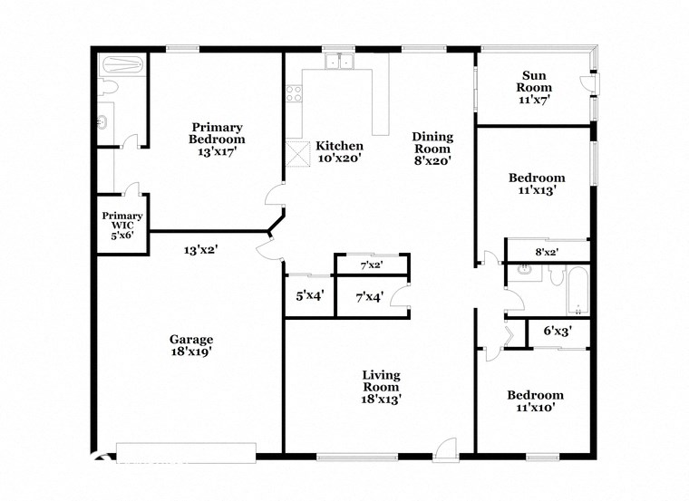 floor plan of the 1100 sq ft floor plan with bedrooms and baths