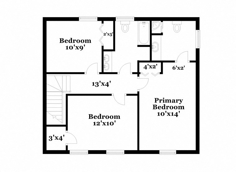 floor plan of the first level of the home with bedrooms and baths and an open