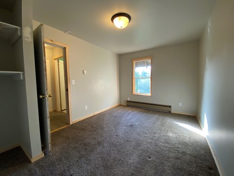 A room with a carpeted floor, a window with a view of trees, and a small light fixture on the ceiling.