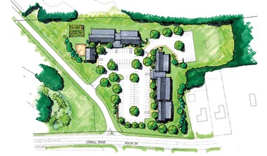 Site plan rendering shows 3 buildings, nice green space and parking.