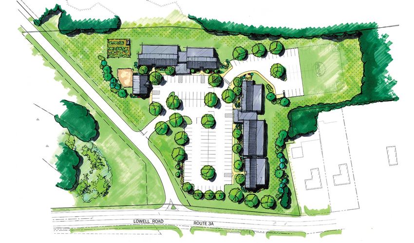 Site plan rendering shows 3 buildings, nice green space and parking. - Photo Gallery 1