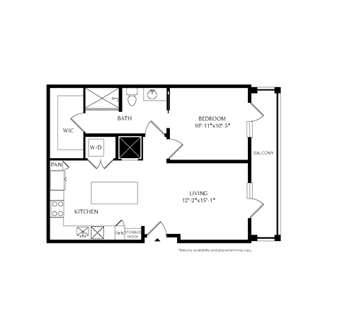 Floorplan showing the 1B floorplan for Mirrorton Apartments