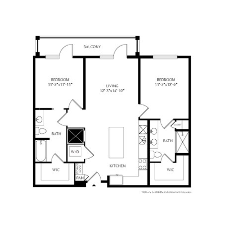 Floorplan showing the 2B floorplan for Mirrorton Apartments