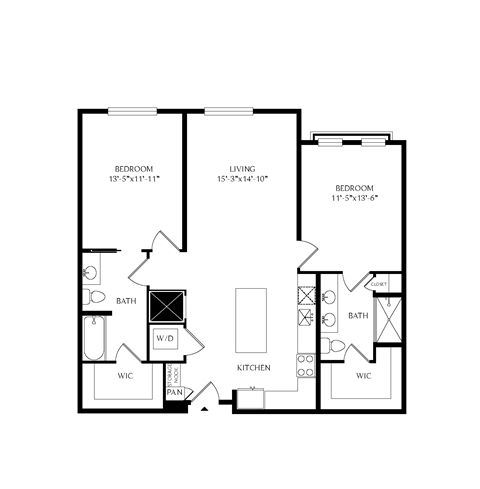 Floorplan showing the 2B1 floorplan for Mirrorton Apartments