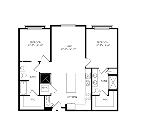 Floorplan showing the 2B2 floorplan for Mirrorton Apartments
