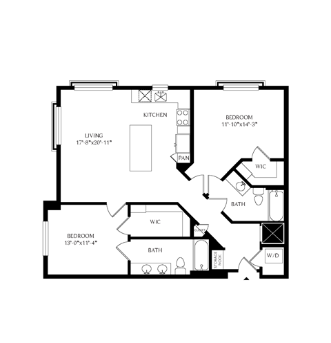 Floorplan showing the 2C floorplan for Mirrorton Apartments