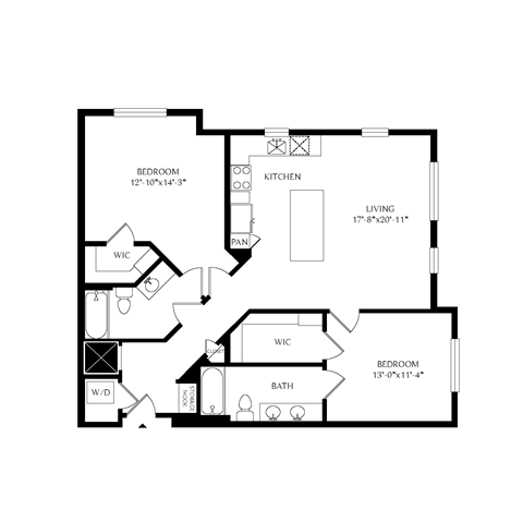 Floorplan showing the 2C.1 floorplan for Mirrorton Apartments