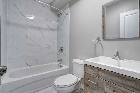 a bathroom with a sink toilet and a shower