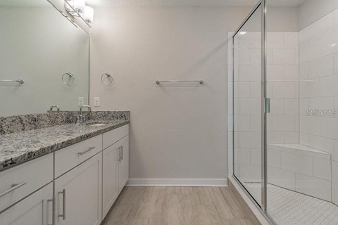 a bathroom with a sink and a shower