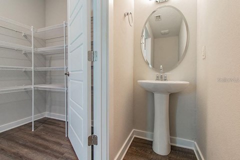 a bathroom with a sink and a mirror and a walk in shower