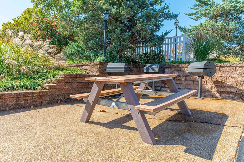 a picnic table with a grill in a park