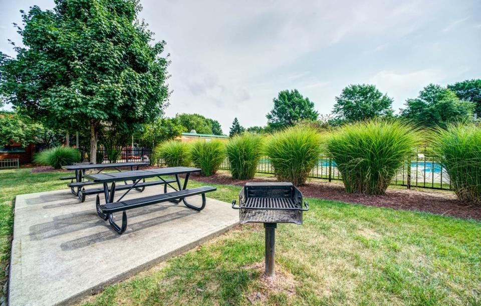 two picnic tables and a grill in a park