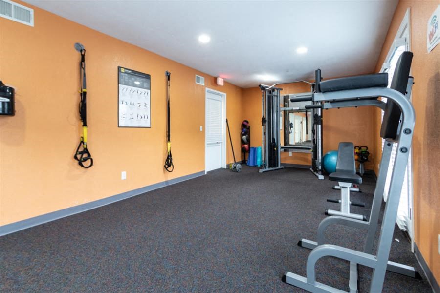 a home gym with exercise equipment on the wall and carpeted floor